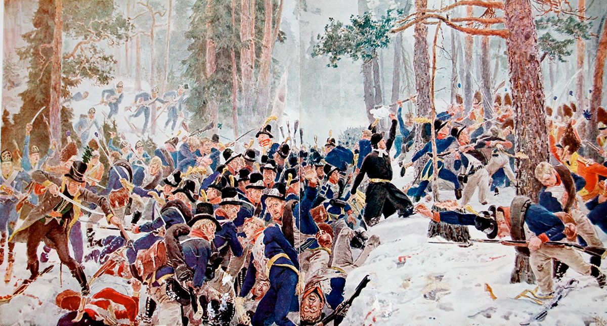 Dramatisk slagscene fra krigen i 1808, vinter, skog: infanterister barker sammen